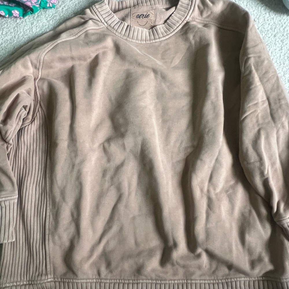 Aerie Tan Crewneck Sweater with Ribbed Detailing
